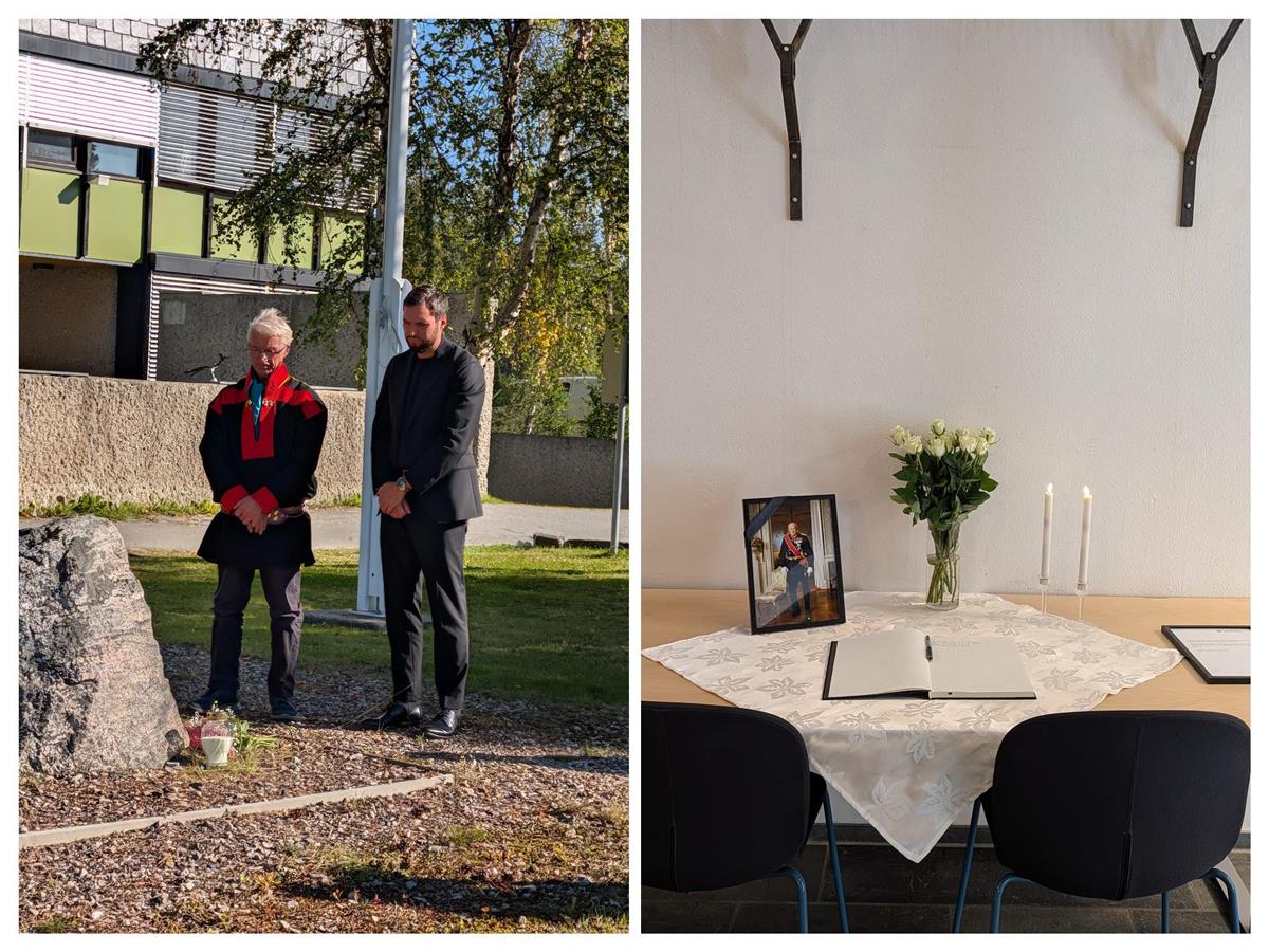 Ordfører og varaordfører legger ned blomster og tenner lys ved H.M Kong Harald V´s stein - Deaddil ja stuora govva ihtá